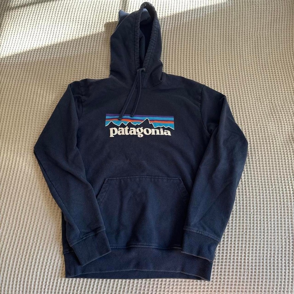 Navy Patagonia hoodie with white logo